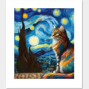 The Cat and the starry night Posters and Art